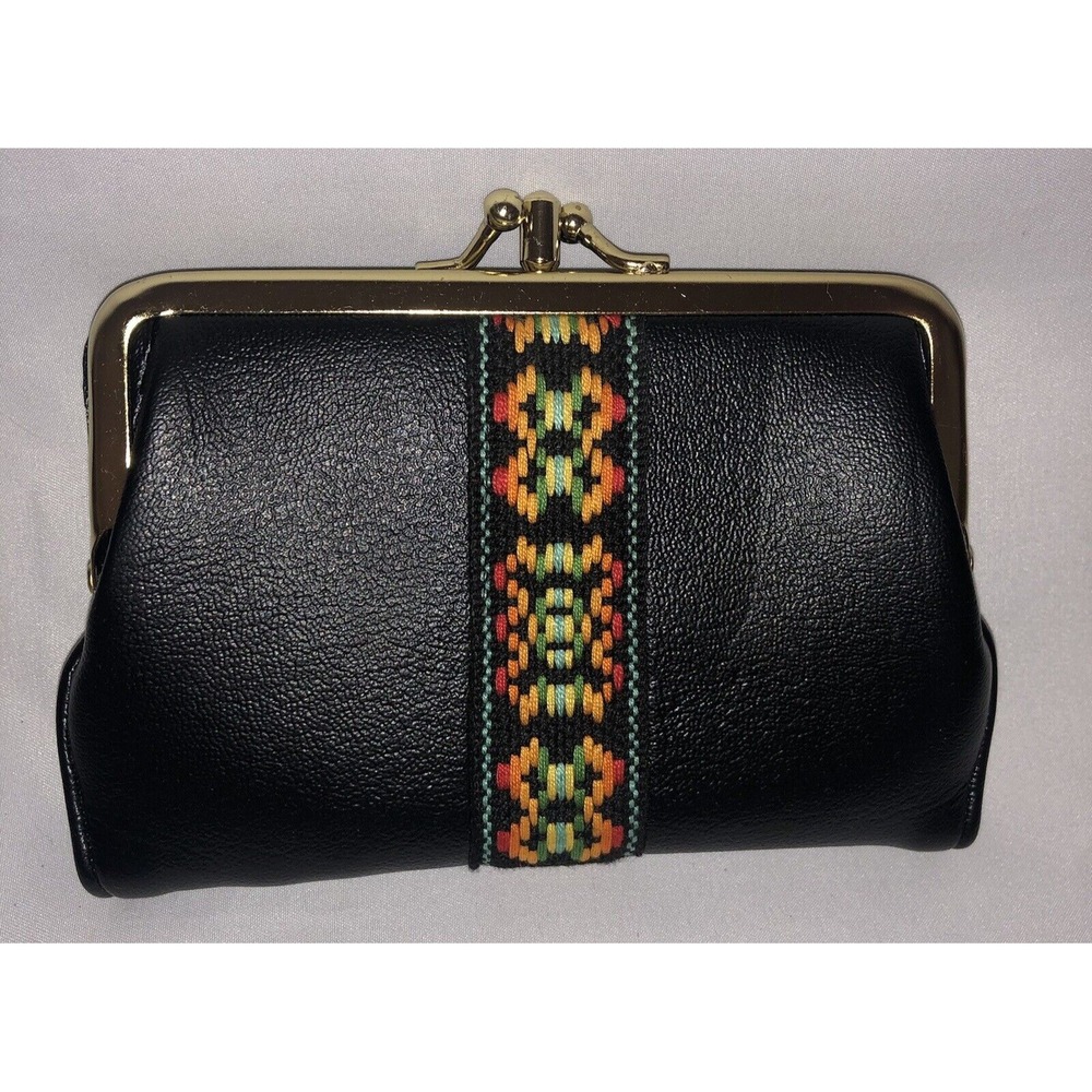 Vintage Black Leather Coin Purse Wallet Womens Rainbow Boho Embroidery